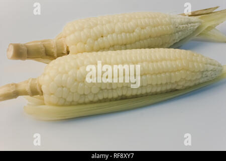 two boiled corn and peel ready to eat close up in isolated on white background Stock Photo