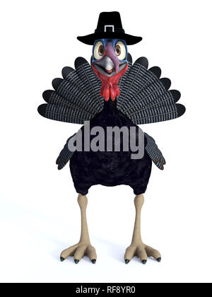 A funny silly looking cartoon turkey wearing a pilgrim hat. White background. Stock Photo