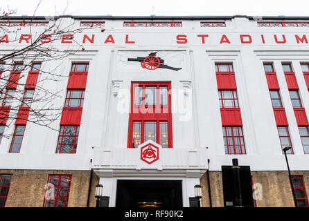 Facade of the former Arsenal Stadium in Avenell Road, Highbury, London, UK, now renamed Highbury Square and converted to apartments Stock Photo