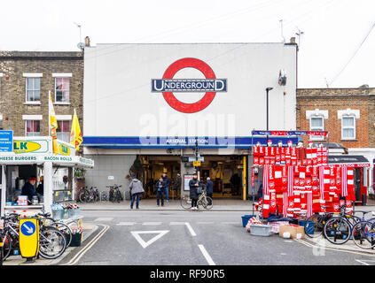 Arsenal tube station, on a match day (Arsenal v. Chelsea), prior to the arrival of fans, Gillespie Road, London, UK Stock Photo