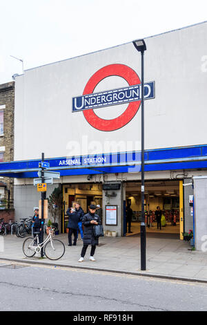 Arsenal tube station, on a match day (Arsenal v. Chelsea), prior to the arrival of fans, Gillespie Road, London, UK Stock Photo