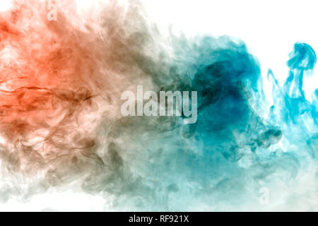 Blue-red smoke swirls on a white background depicting a beautiful pattern, decorative ornaments. Color transition by substance molecules. Stock Photo