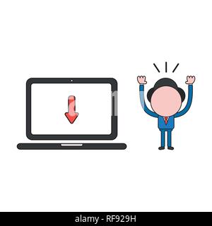 Vector illustration businessman character with laptop computer and arrow moving down. Color and black outlines. Stock Vector