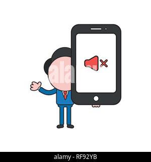 Vector illustration businessman character holding smartphone with sound off icon. Color and black outlines. Stock Vector