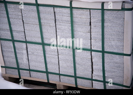 Production workshop, factory for processing natural stone granite, marble. Finished goods warehouse. Products, plates of marble. Production of marble  Stock Photo