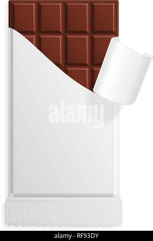 Milk chocolate bar in a blank wrapper mock up. Sweet dessert in package template. Vector illustration Stock Vector