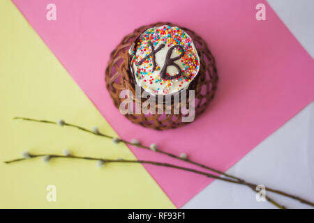Easter card. Easter cake and painted eggs. Orthodox holiday. Culture and religion. Stock Photo