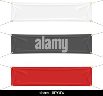 Black, white and red textile banners with folds, isolated on white background. Blank hanging fabric template set. Vector illustration Stock Vector
