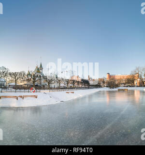 Ice for skating at. Svandammen, with the Castle in the background. Uppsala, Sweden, Scandinavia. Stock Photo