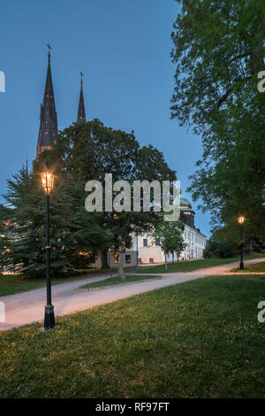 The cathedral and Gustavianum at night. View from the University park, Uppsala, Sweden, Scandinavia Stock Photo