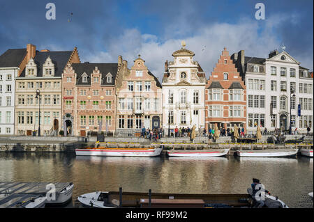 The Korenlei or Wheat Quay or Corn Quay is a quay in the historic city center of Ghent, Belgium, Stock Photo