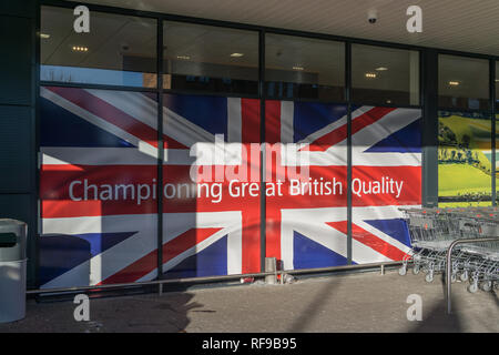 Union Jack display at an Aldi store with the words 'Championing Great British Quality', the firm's pledge to support UK products; Northampton, UK Stock Photo