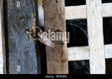 Retro padlock on a wooden fence Stock Photo