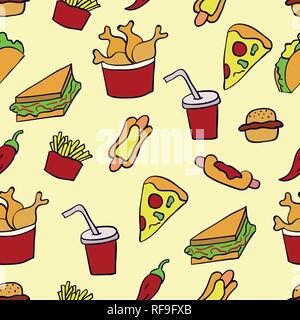 Doodle illustration of fast food. Seamless pattern with junk food. Hand drawn vector illustration made in cartoon style. Hamburger, hot-dog, french fr Stock Vector