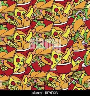 Doodle illustration of fast food. Seamless pattern with junk food. Hand drawn vector illustration made in cartoon style. Hamburger, hot-dog, french fr Stock Vector