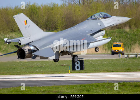 LEEUWARDEN, THE NETHERLANDS - APR 21, 2016: Belgian Air Force General Dynamics F-16 Fighting Falcon fighter jet landing on Leeuwarden airbase during m Stock Photo