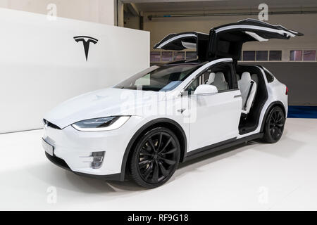 BRUSSELS - JAN 18, 2019: Tesla Model X electric luxury crossover suv car showcased at the 97th Brussels Motor Show 2019 Autosalon. Stock Photo