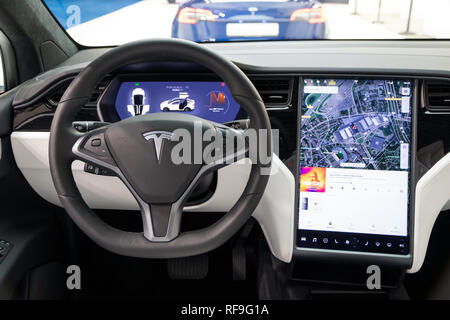 BRUSSELS - JAN 18, 2019: Interior view of the Tesla Model X luxury electric car showcased at the 97th Brussels Motor Show 2019 Autosalon. Stock Photo