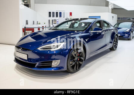 BRUSSELS - JAN 18, 2019: Tesla Model X electric car showcased at the 97th Brussels Motor Show 2019 Autosalon. Stock Photo