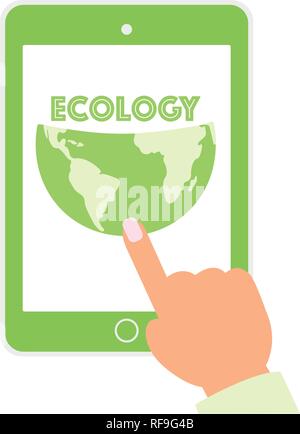 Hands holding digital tablet computer with zero waste concept on screen. Isolated on white. All screen content is designed.Concept save the planet Stock Vector