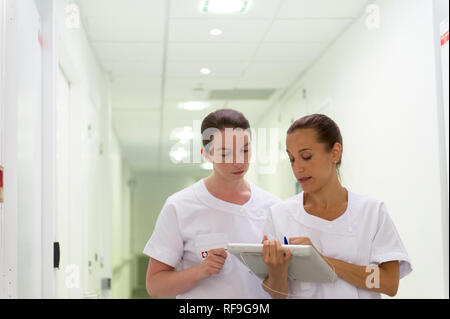 Private hospital “Clinique Saint Exupery de Toulouse”, clinic specializing in the treatment of kidney disease, renal disease. Two nurses or a nurse an Stock Photo