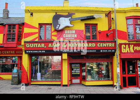 Guitar & amp, keyboard centre musical instruments store building facade, Brighton, West Sussex, England, UK Stock Photo