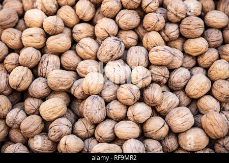 Walnuts with and without shells (filling the picture). Background of fresh walnuts. Stock Photo