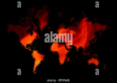 red fire burning in the shape of world map on black backgound with plenty copy space for the text Stock Photo