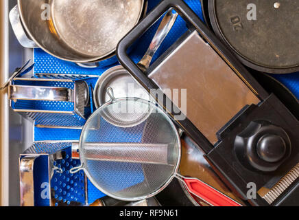 various kitchen utensils in a real life home Stock Photo