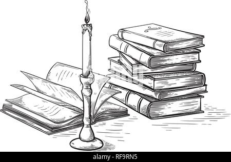 handmade sketch death concept old books near candle vector illustration Stock Vector