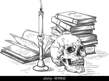 handmade sketch death concept human skull on old books near candle on dark background vector illustration Stock Vector