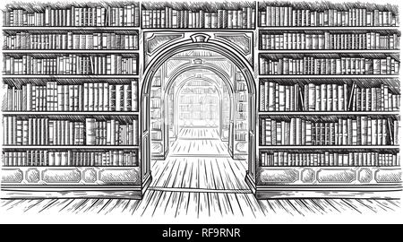 Library book shelf interior graphic sketch black white illustration vector illustration Stock Vector