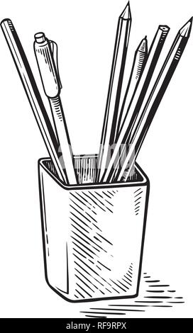 Office supplies, pens and pencils in cup vector illustration Stock Vector