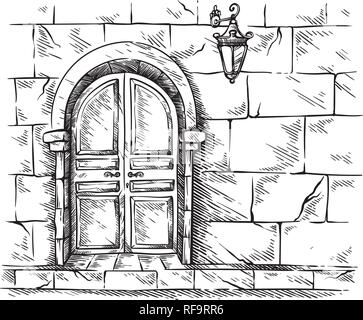 sketch hand drawn old double arched wooden door in stone wall vector illustration Stock Vector