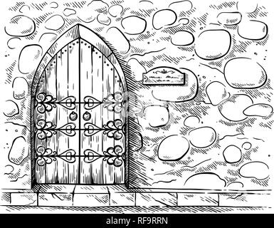 sketch hand drawn old double arched wooden door in stone wall castle vector illustration Stock Vector