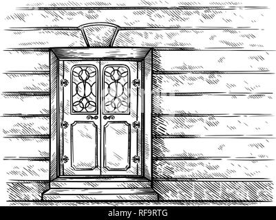 sketch hand drawn old double rectangular wooden door in wall vector illustration Stock Vector