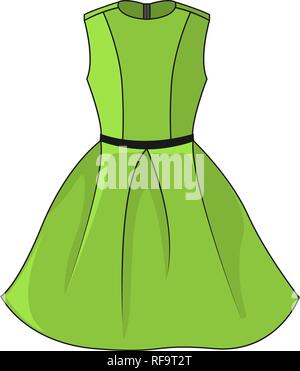Elegant green dress icon. Beautiful short green dress with black/dark gray belt, isolated on white background. Festive dress without sleeves. Vector i Stock Vector