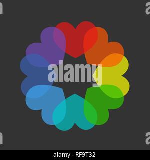 Colorful rainbow colored hearts. Heart spectrum icon on dark gray background. Vector illustration, EPS10. Stock Vector