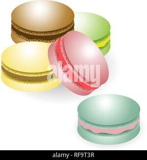 Macaroons cookies isolated on white background. Colorful macaroons logo. Sweet and tasty template for cooking and restaurant menu. Vector illustration Stock Vector