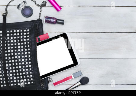 styled feminine desktop - woman fashion flat lay items on  wooden background, copy space, Stock Photo