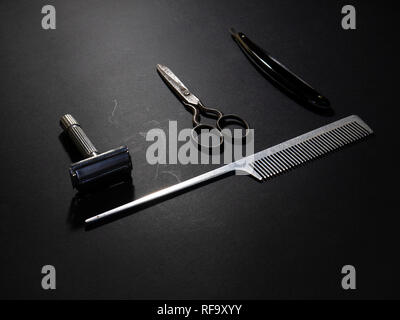 Shaving and barber equipment on wooden background Stock Photo
