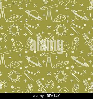 Seamless pattern with telescope, UFO, satellite, planets, astronaut, orbital station, sun, stars. Space exploration. Astronomy. Science. Stock Vector