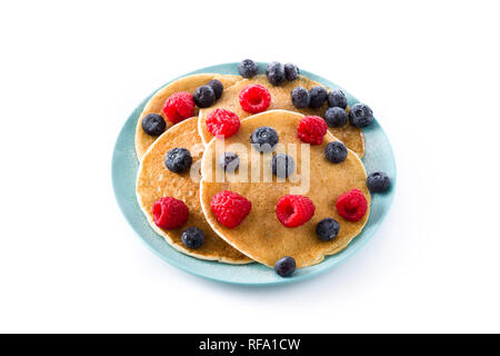 Pancakes with raspberries and blueberries isolated on white background Stock Photo