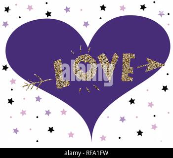 Sparkle hand drawn quote 'Love ' with decorated arrow and heart made on romantic typography style. Vector Illustration. Stock Vector