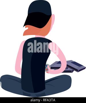 boy sitting playing video game vector illustration Stock Vector