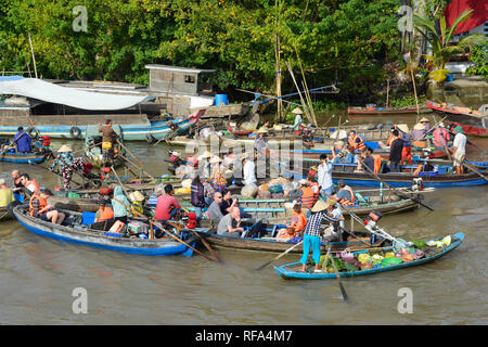 Phong Dien, Vietnam - December 31st 2017. Boat on the river at the Phong Dien Floating Market near Can Tho in the Mekong Delta Stock Photo