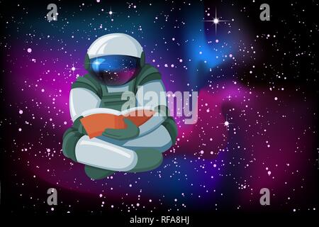 Cartoon Floating astronaut reading a book on smooth glow night sky background Stock Vector