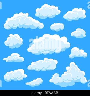 Set cartoon clouds on blue background, cloudy sky Stock Vector