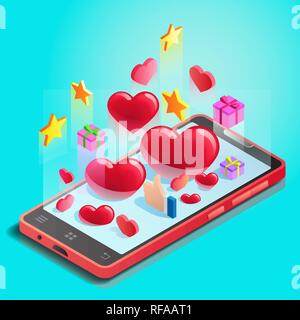 Abstraction, mobile phone with hearts, online dating, social networks Stock Vector