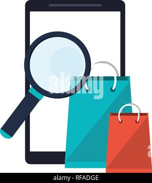smartphone with magnifying glass and shopping bags Stock Vector